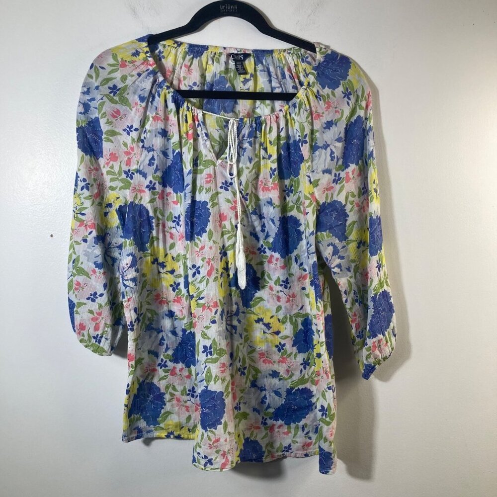 Womens Chaps Denim Boho Floral Top 3/4/Sleeve Tie Neck White Blue M